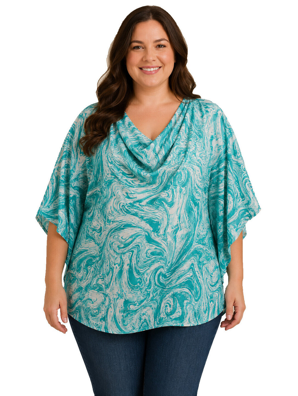 Emily Wonder Women's 1X Teal Marble Print Kimono Sleeve Blouse Top NWT